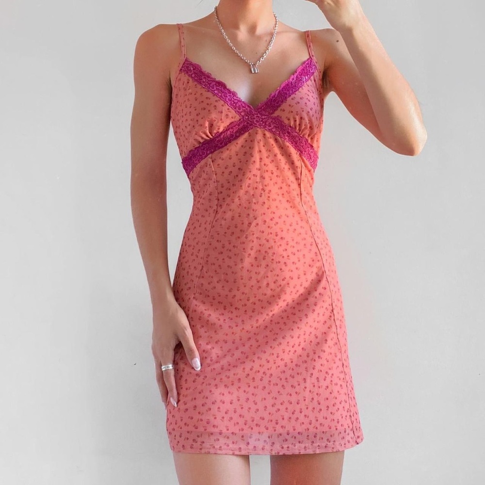 Urban Outfitters - Pink Floral Lace Mesh Slip Mini Dress